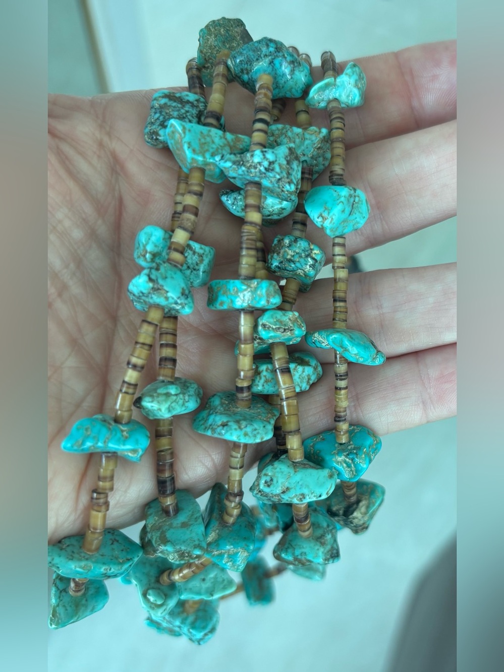 Vintage Native American 3 Strand Turquoise Nugget Heishi Necklace 32”
